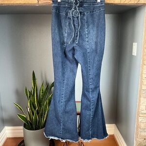 Arula Corset Lace Up Wide Flare Stretch Jeans Raw Hem Retro Hippie Dark Wash 12